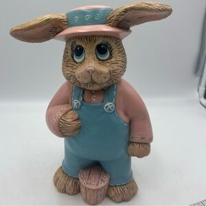 VTG Ceramic Bisque "Dona Mold" Sculpture: Cotton Tail Papa Bunny Rabbit & Stump